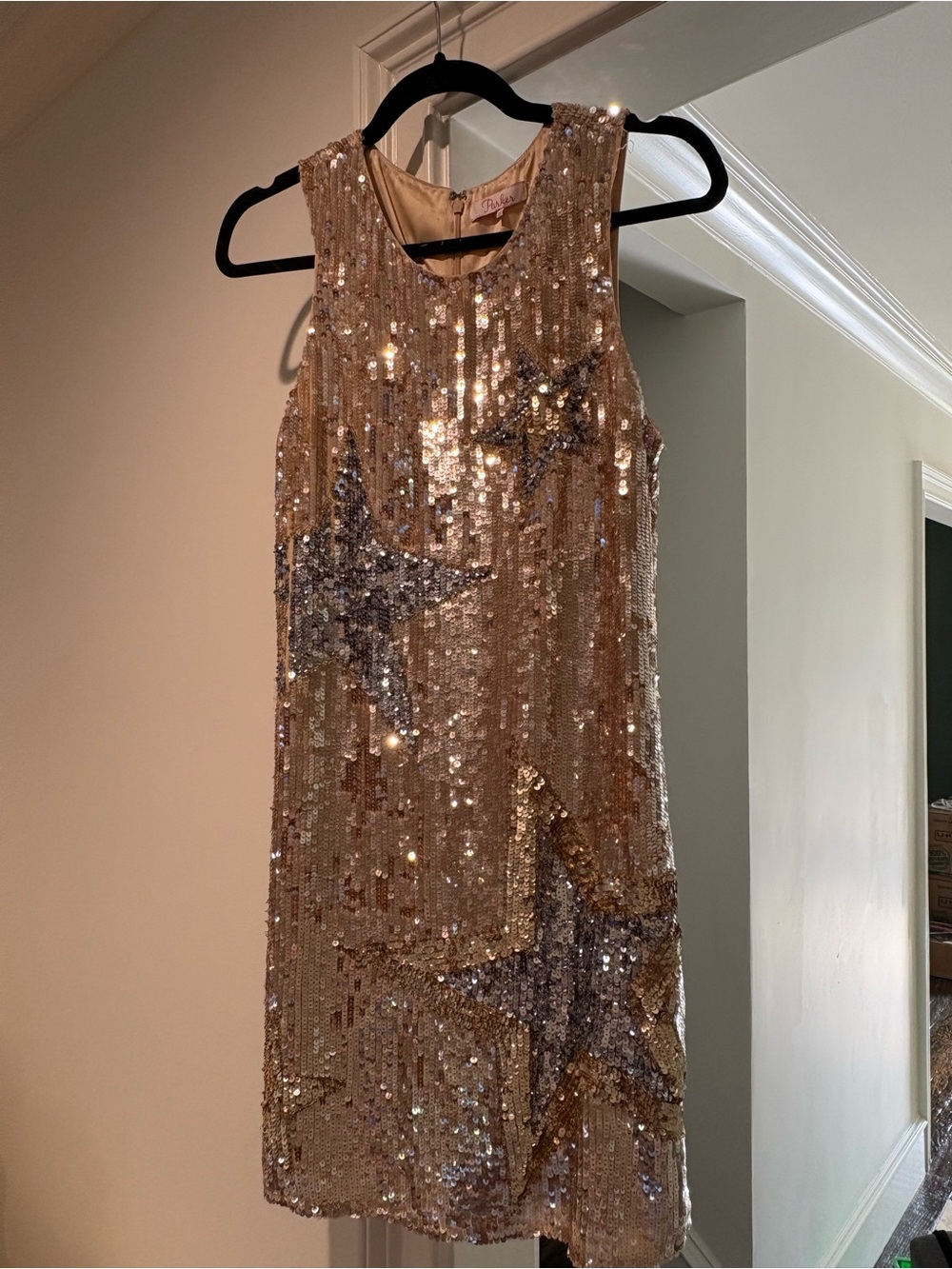 Parker Gold Sequin Star Shift Dress with Silver Stars